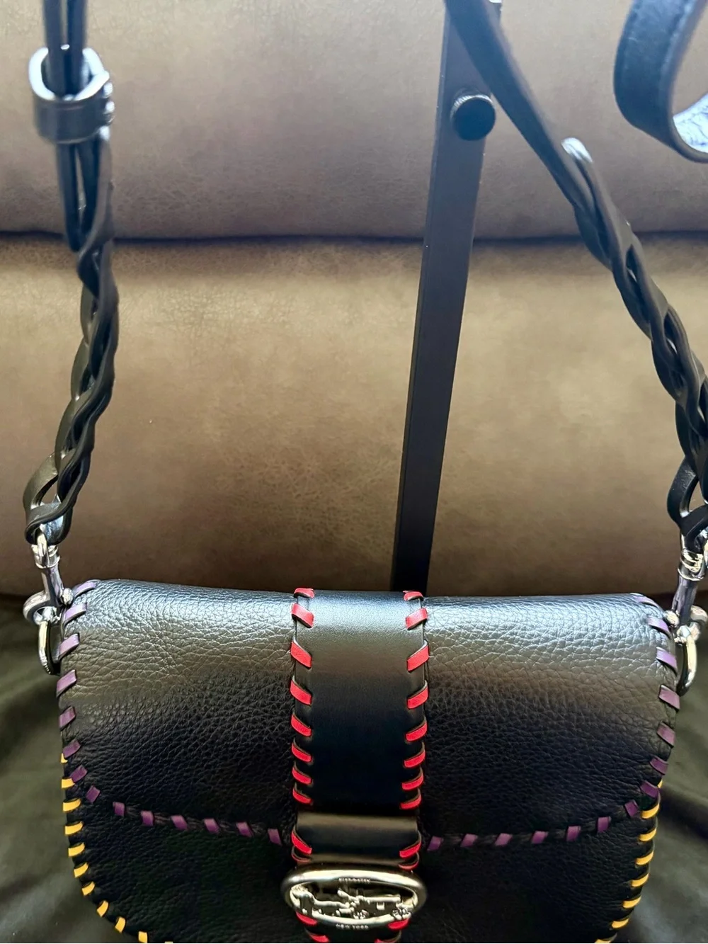 Coach Black Leather Crossbody with Pink, Yellow & Red Stitching